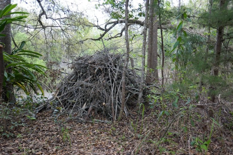 a completed brush pile with a preformed pond liner as the base